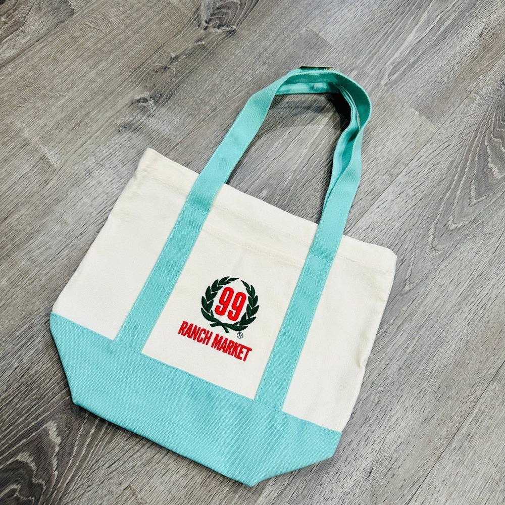 99 Ranch Market Canvas Tote Bag Teal Pastel Embroider Mini Reusable Shopper NEW